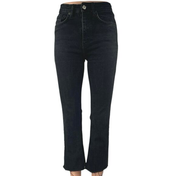 Zara Women's Black High Rise Raw Hem Flared Bootcut Cropped Denim Jeans Size 2 - Picture 1 of 4